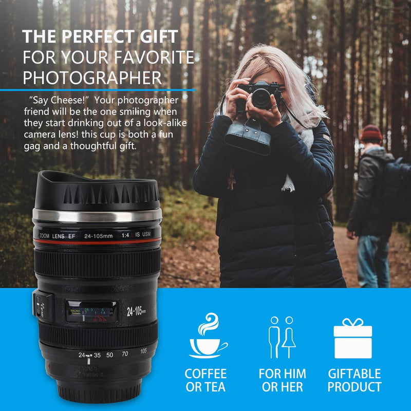 Coffee Mug, Funny Camera Lens Mug, Travel Coffee Cup with Lid, Insulated Tumbler for Hot Ice Coffee Cola Milk Tea | Ideal Gifts for Photographers Sweeties Men Women Birthday Xmas (350ml, Black)