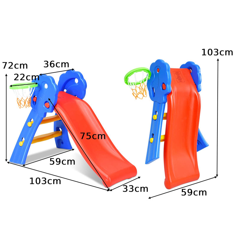 COSTWAY Folding First Slide for Kids | Toddlers | Children, Foldable for Easy Storage, Primary Climb Toy, Safety Plastic, Use for Indoor Outdoor Garden Playground (Slide with Basketball Hoop)
