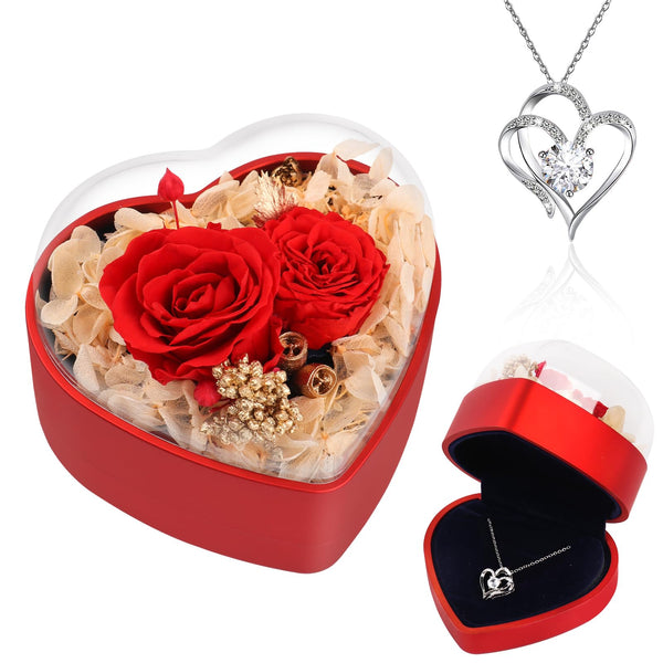 Beferr Christmas Eternal Flowers Rose Gifts for Women Mum Grandma Rose Birthday Gifts for Mum-Preserved Real Rose with Necklace Gifts Idea on Christmas Thanksgiving Valentine's Day Anniversary Red