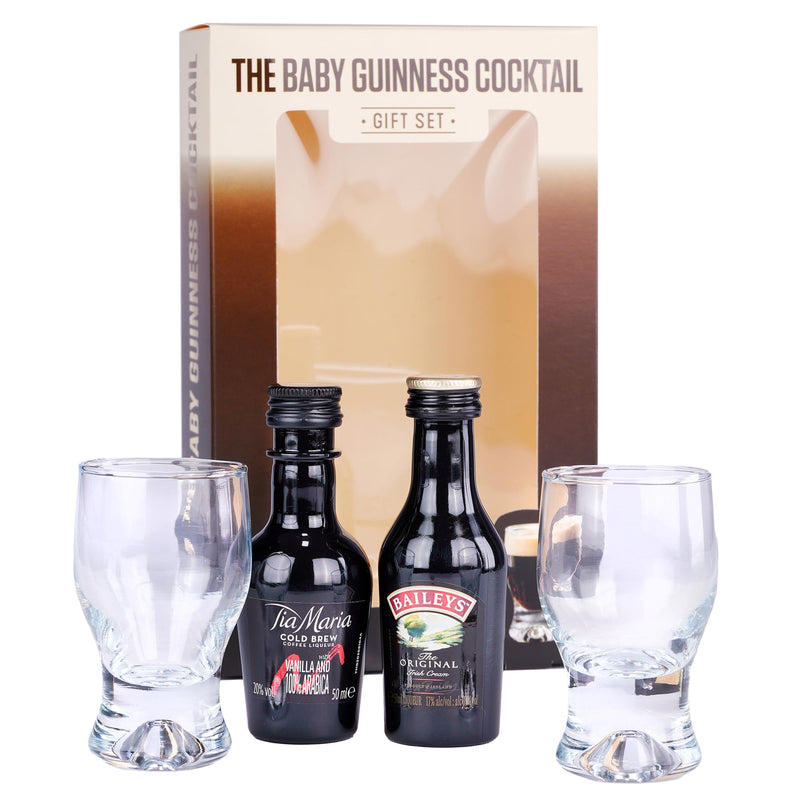 Baby Guinness Gift Set, including Tia Maria Cold Brew 5cl, Baileys 5cl, and Two Shot Glasses. Perfect for Christmas and Birthdays. Premium Packaging