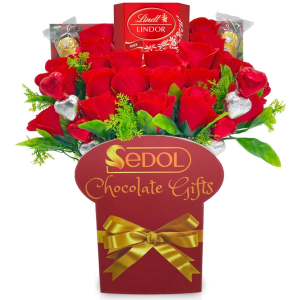 Chocolate Bouquet Gift Set Hamper with Lindor Truffles Chocolate, Heart Chocolates, Red Roses -Teachers Gifts, Birthday, Anniversary Chocolate Gift Bouquet for Her (Lindt Milk Chocolate)