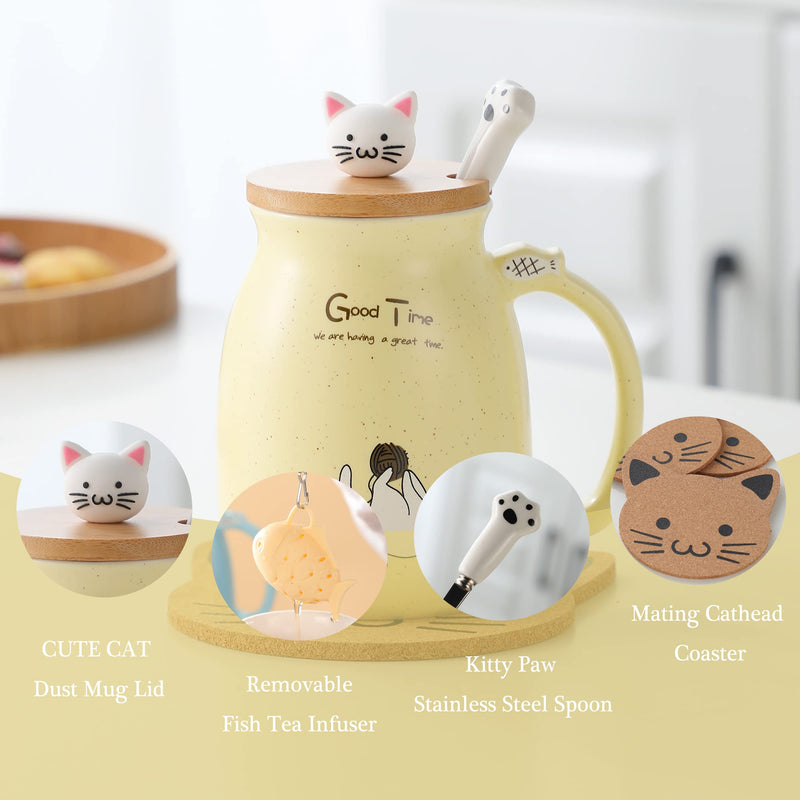 Cat Mug Cute Ceramic Coffee Cup with Lovely Kitty lid Stainless Steel Spoon,Novelty Morning Cup Tea Coffee Mug with Lid Yellow Coffee Gifts Christmas Birthday Gifts for Women Cat Lovers Presents