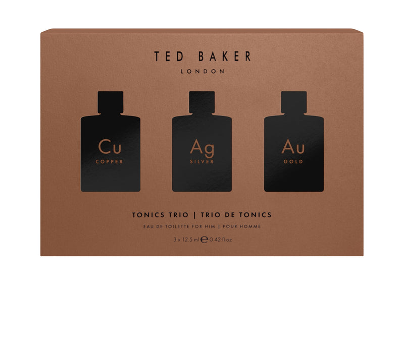 Ted Baker Tonics Trio Gift Set, Tonics Cu Copper EDT with Musk Scent, Tonics Ag Silver EDT with Pepper Cedarwood Scent, Tonics Au Gold with Warm Woody Scent, 3 x 12.5ml