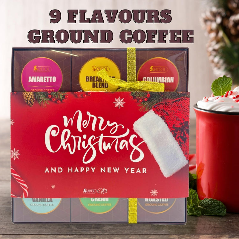 Christmas Coffee Gift Set - 9 Flavoured Gourmet Ground Coffee Gift Set Selection - Premium Medium-Dark Roasted Coffee Christmas Gifts for Men & Women - Luxury Christmas Gifts for Coffee Lovers - Gift Guide