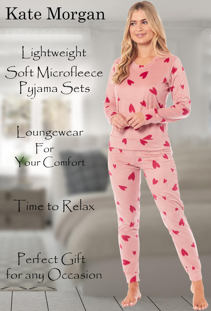 KATE MORGAN Womens Pyjamas Warm Fleece Pyjamas for Women Sets Pjs S-XL | Soft Twosie Pyjama Set for Ladies Gifts for Her PINK HEART S - Gift Guide