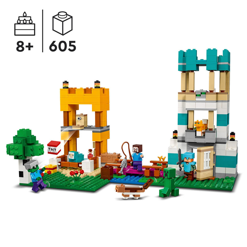 LEGO 21249 Minecraft The Crafting Box 4.0, 2in1 Playset; Build River Towers or Cat Cottage, with Alex, Steve, Creeper and Zombie Mobs Figures, Action Toys for Kids, Boys, Girls