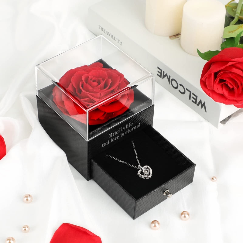 Preserved Real Rose, Gift Box with I Love You Necklace, Handmade Eternal Rose Gifts for Her Women Girlfriend Wife Mother Present for Birthday, Valentine's Day, Anniversary, Mother's Day, Christmas