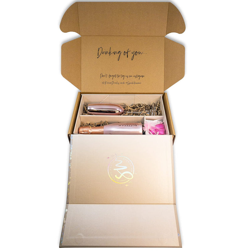 Bottega Rose Gold Spumante Sparkling Wine 20cl Gift Set Hamper With Matching Pink Champagne Flute And Chocolates - Fully Gift Boxed Pink Fizz Gifts For Wine Lovers (Metallic Top)