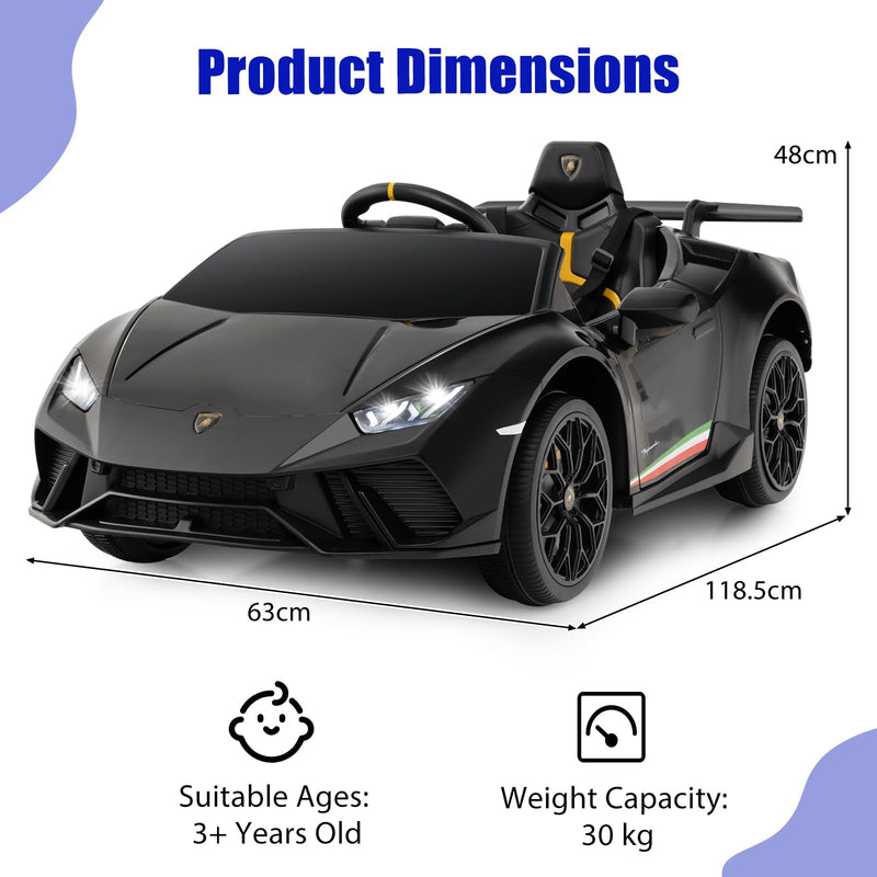 GYMAX Kids Electric Ride on Car, 12V Licensed Lamborghini Battery Powered Toy Vehicle with Remote Control, MP3, USB Port, Music, LED Light & Horn, Children Electric Car for 3+ Years Old (Black)