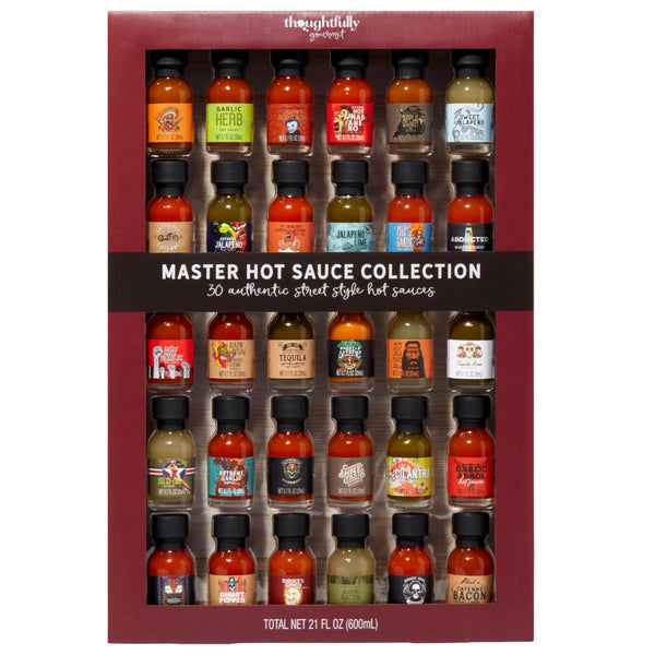 Thoughtfully Gourmet, Master Hot Sauce Collection Gift Set, Flavours Include Garlic Herb, Cayenne Bacon, Apple Whiskey, Mango Habanero and More, Pack of 30 - Gift Guide