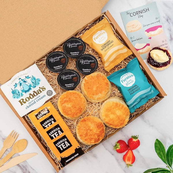 Cornish Afternoon Cream Tea Hamper – 4 Person Deluxe Cream Tea - Fresh Scones, Tea, Jam, Cornish Biscuts & Roddas Clotted Cream, Elegant Packaging Gift - Birthday, Anniversary & Special Occasions - Gift Guide