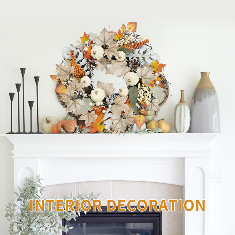 Miaikoe 18 Inch Autumn Wreath Decoration for Front Door, Fall Neutral Wreath with Maple Leaf Berry Harvest Pumpkins Pinecones for Fall Thanksgiving Halloween Decorations 45cm (White&Brown) - Gift Guide