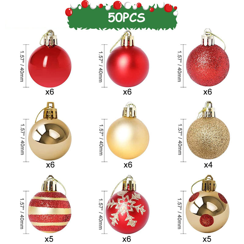 Christmas Tree Decoration, 50 Pcs Xmas Tree Decorations with Red and Gold Baubles,Christmas Tree Ornaments Christmas Bauble with Lanyard for Christmas Decoration, Wedding, Birthday Party - Gift Guide