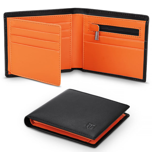 TEEHON® Wallets Slim Genuine Leather RFID Blocking Wallet with 11 Card Holder, 2 banknote compartments, Coin Pocket, Minimalist Wallets for Men UK with Gift Box - Black and Orange - Gift Guide