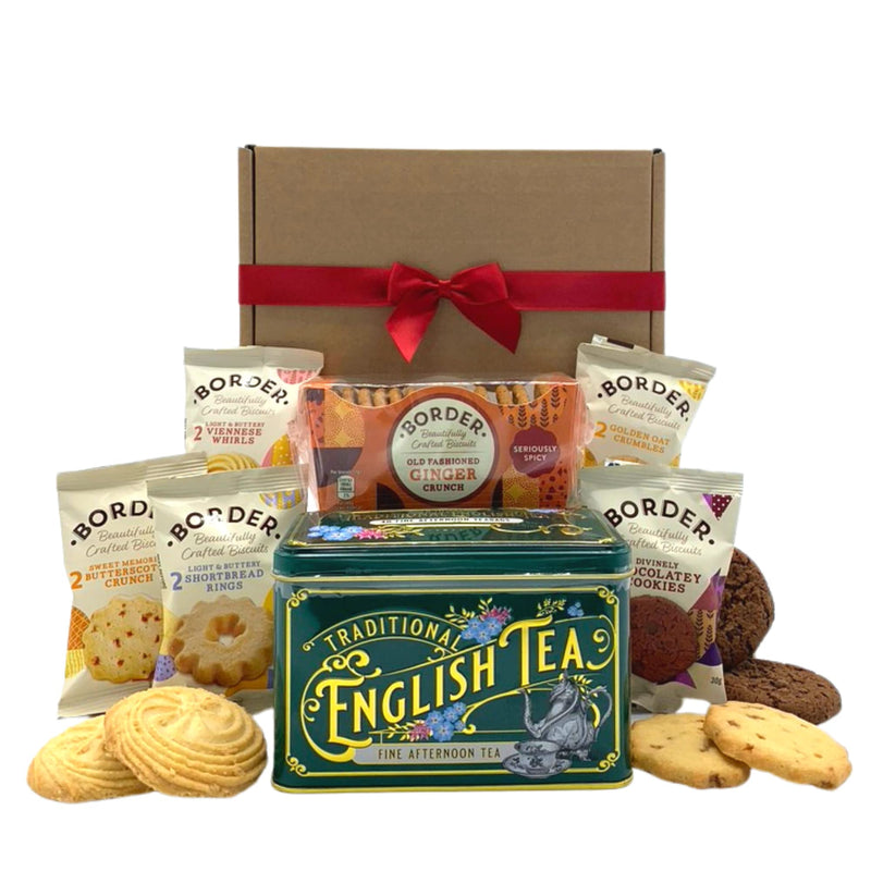 Border Biscuits Gift Set Afternoon Tea Hamper with Border Ginger Crunch 135g, English Afternoon Teabags in a Luxury Tin (40 Teabags) and x10 Border Biscuits - The Perfect Tea and Biscuits Gift Set - Gift Guide