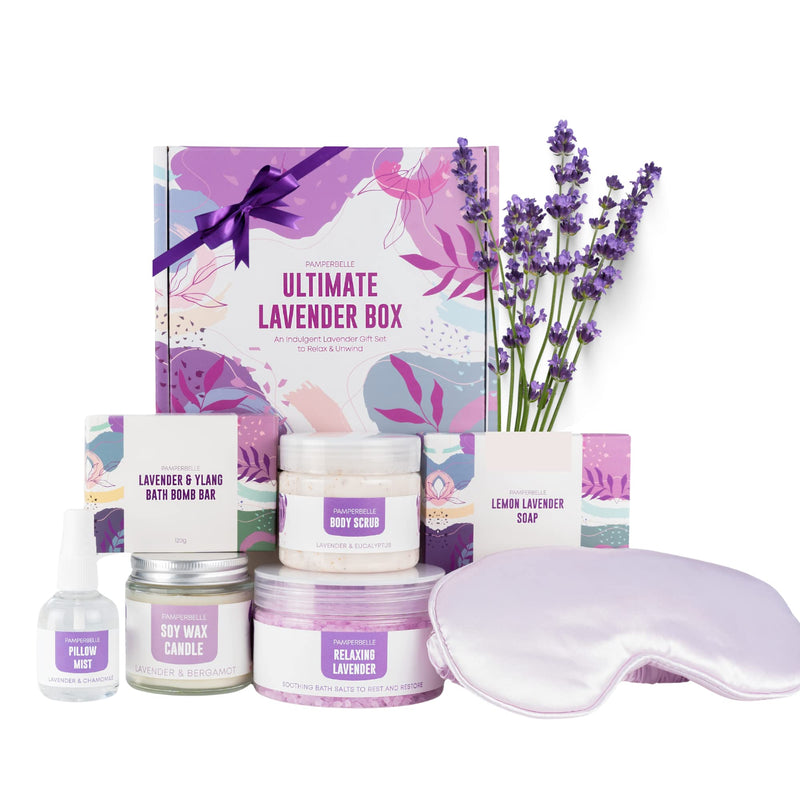 Pamper Gift Set for Women, Lavender Relaxation Care Package - 7pc Bath Set with Bath Salts, Soap and Body Scrub. Great Spa Hamper for Mothers Day, New Mum, Birthday or Best Friend