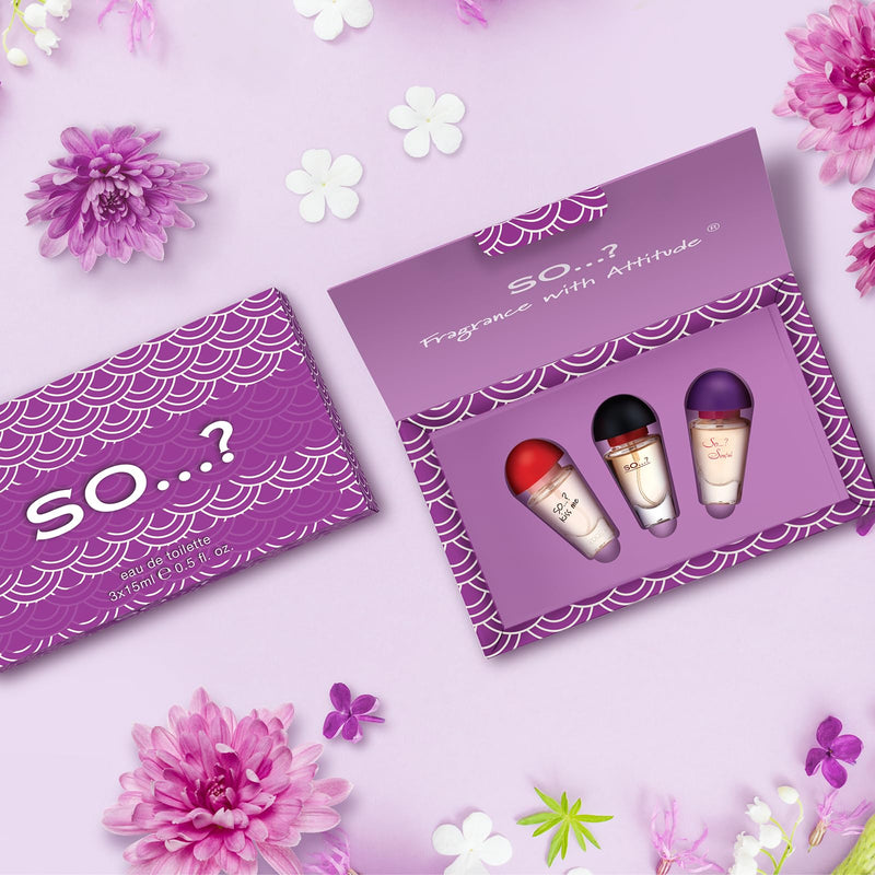 SO…? Three For Me Premium Womens Perfume Gift Set, Kiss Me, Sinful, SO...?, Eau De Toilette with Long Lasting Fragrance - Travel Size Mini Perfume for Girls, Ladies Gift Sets (3 x 15ml)