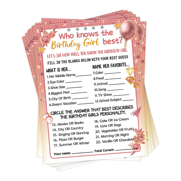 HOMANGA Who Knows The Birthday Girl Best, Birthday Would She Rather, Birthday Game Cards for Girls Hers Women's Sleepover Party - 15x20cm Set of 30 (Pink & Rose, Double-sided)