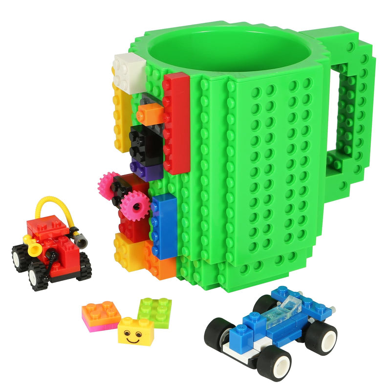 Lumsburry Build-on Brick Coffee Mug, Funny DIY Novelty Cup with Building Blocks Creative Gift for Kids Men Women Xmas Birthday (Green)