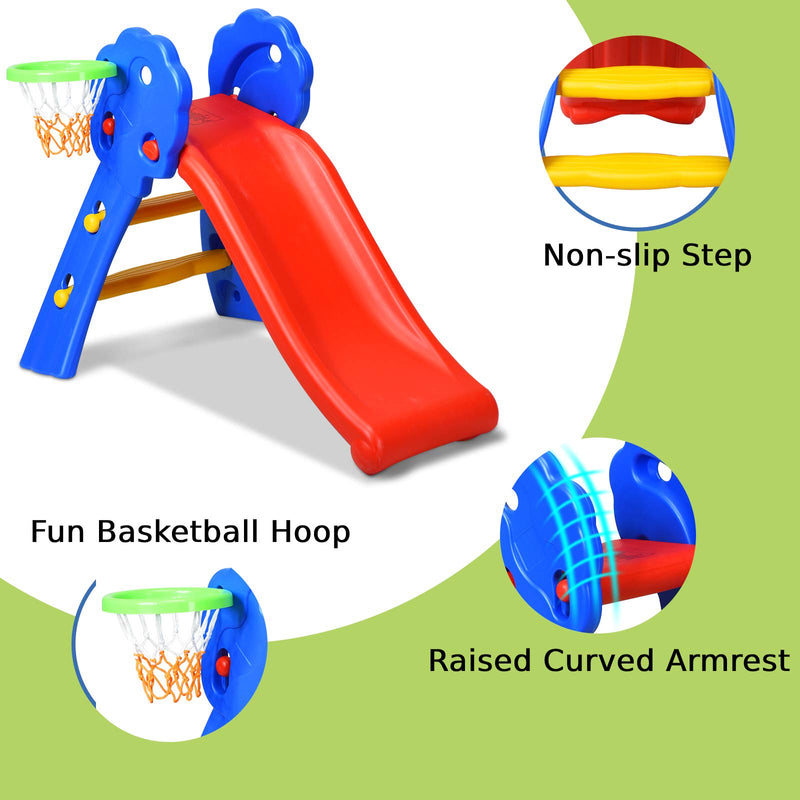 COSTWAY Folding First Slide for Kids | Toddlers | Children, Foldable for Easy Storage, Primary Climb Toy, Safety Plastic, Use for Indoor Outdoor Garden Playground (Slide with Basketball Hoop)