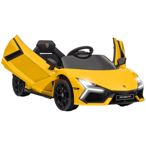 AIYAPLAY Lamborghini Revuelto Licensed Kids Electric Car with Butterfly Doors, 12V Ride On Car with Transport Wheels, Suspension, Remote Control, LED Lights, Horn, USB, MP3 for 3-5 Years, Yellow