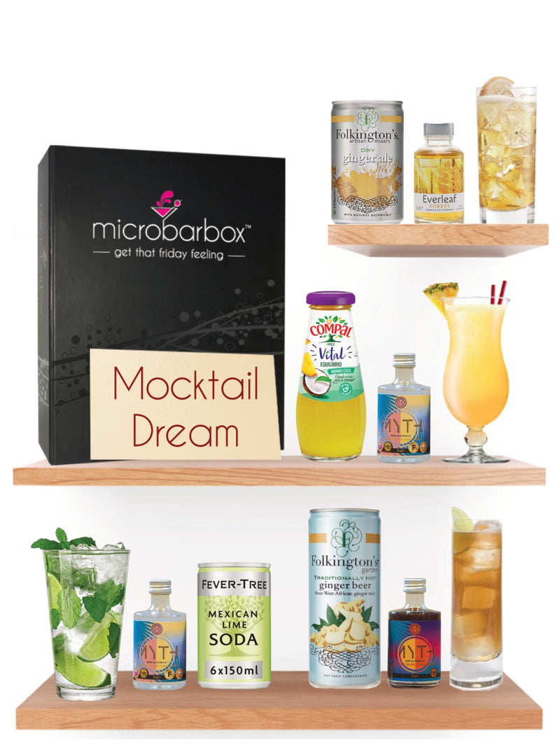 MicroBarBox Mocktail Dream Gift Set in a Premium Luxury Gift Box | Non Alcoholic Gift Set Features: Virgin Coconut Mojito, Virgin Pina Colada, Forest Ginger Spritz, Dark and Stormy