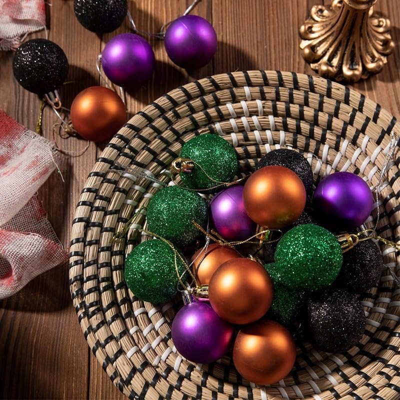 24 Pieces 30 mm Halloween Tree Baubles Mini Baubles Hanging Ball Halloween Ornaments for Halloween Party Decoration, Black Purple Green Copper - Gift Guide