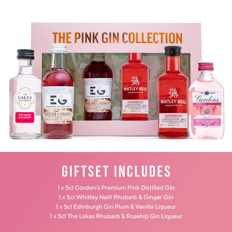 Pink Gin Gift Set - Christmas Gifts for Women, 4x5cl Whitley Neill Raspberry, Gordons Pink Gin, Edinburgh Plum & Vanilla, The Lakes Rhubarb & Rosehip Flavoured Gin Liqueurs - Womens Gifts, Birthday