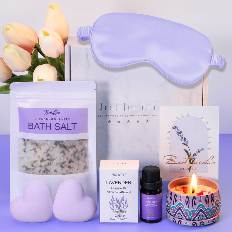 Lavender Pamper Gifts For Women,Birthday Pamper Hamper Mum Self Care Gift Set Relaxation Bath Gift Care Package For Her,Relax Spa Gift With Essential Oil,Bath Bomb,Bath Salt,Candle,Sleep Mask,Card