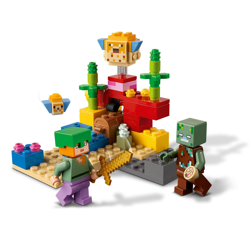 LEGO 21164 Minecraft The Coral Reef Building Toy with Alex, 2 Brick-Build Puffer Fish and Drowned Zombie Figures, Gifts for Kids, Boys & Girls