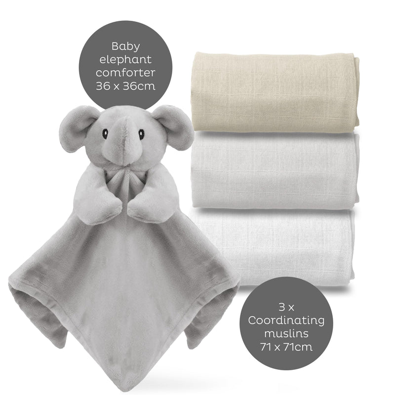 Newborn Baby Unisex Essentials Gift Set from Little Grey London. Includes 100% Cotton Muslins & Plush Elephant Comforter Ready Packed as a Gift Set. A Great Gift for Any Occassion. - Gift Guide