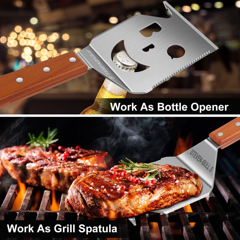 7 in 1 BBQ Spatula for Outdoor Grill, Multifunction BBQ Tool Have a Barbecue Utensils Set Function, More Fun, More Efficient.Stainless Steel BBQ Accessories, Wooden Handle, Best BBQ Gifts for Men