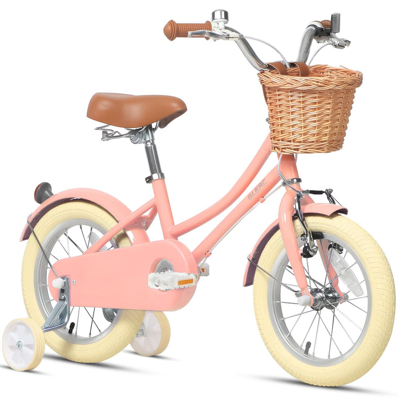 Glerc 12 Inch Kids Girls Bike for 3 4 5 Years Old Little Girls Retro Vintage Style Bicycles with Basket,Stabilisers and Bell,Peach