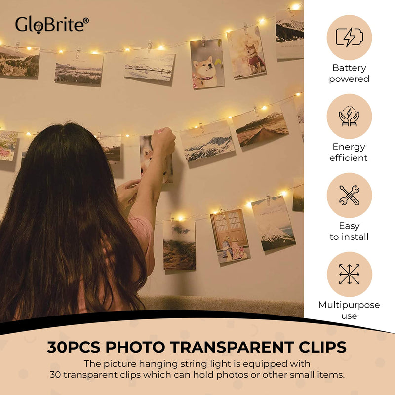 GloBrite 50 LED Photo Clip String Lights | 5M Photo Peg Fairy Lights with 30 Clips | Battery Powered Aesthetic Room Decor Hanging Photo Frames for Bedroom Wedding Birthday Decoration - Gift Guide