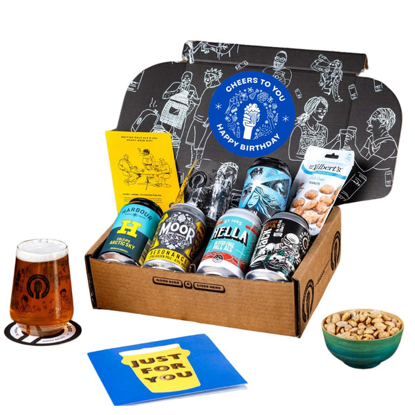 Premium Craft Pale Ale/IPA Happy Birthday Beer Gift Hamper - 5 Independent British Craft Beers, a Snack and Beer Tasting Glass by QWERTY Beer Box - Birthday Beer Gift for Men, Craft Beer Gift Set - Gift Guide