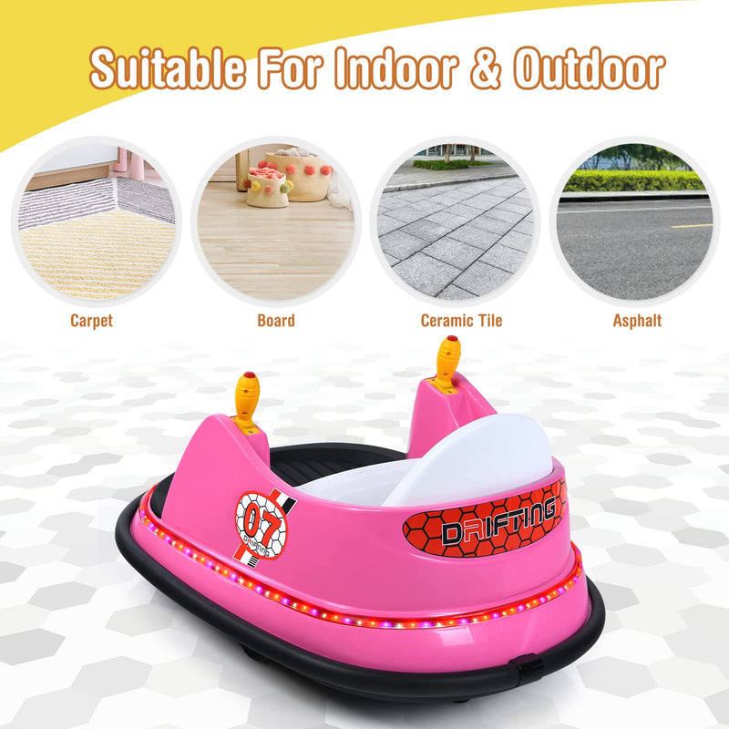 COSTWAY Kids Bumper Car, 360-Degree Rotation Spin Children’s Waltzer Cars with Joystick, Remote Control, Colorful Flashing Lights and Music, Battery Powered Ride on Toy for Boys Girls (Pink)
