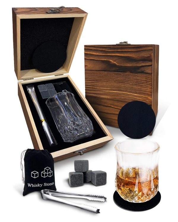 Whiskey Gift Sets for Men,Whiskey Glass Set of 1 with 4 Whisky Stones 1 Crystal Whisky Glasses in Wooden Box Whisky Gift Set Christmas/Birthday Presents Gifts for Men Boyfriend Dad Father