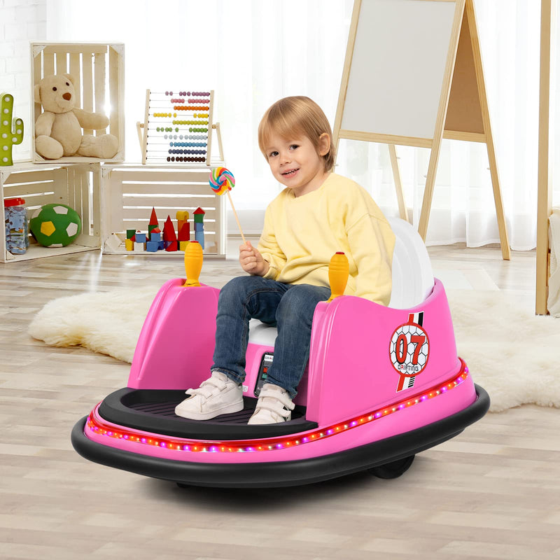 COSTWAY Kids Bumper Car, 360-Degree Rotation Spin Children’s Waltzer Cars with Joystick, Remote Control, Colorful Flashing Lights and Music, Battery Powered Ride on Toy for Boys Girls (Pink)