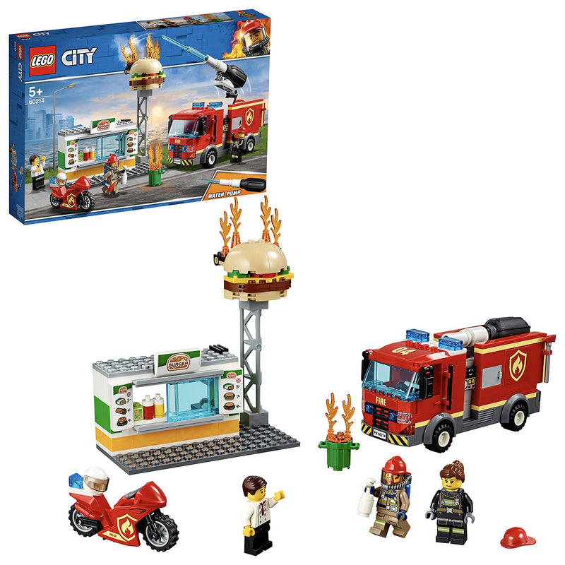 LEGO 60214 City Burger Bar Fire Rescue Set with Truck and Motorbike Toy Vehicles and Firefighter Minifigure, Gifts for 5 Plus Years Old Boys & Girls