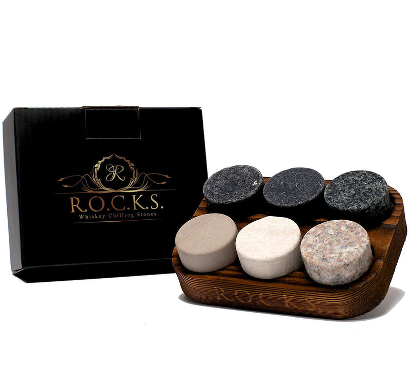 Whiskey Chilling Stones - Set of 6 Handcrafted Premium Granite Round Sipping Rocks - Hardwood Presentation & Storage Tray by R.O.C.K.S.