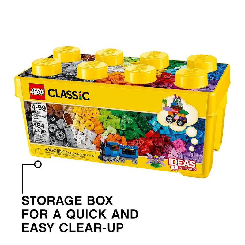 LEGO 10696 Classic Medium Creative Brick Box, Easy Toy Storage, Colourful Bricks Building Set, Toys for Kids, Boys & Girls Aged 4 Plus Years Old with Wheels, Windows, Eyes and a Green Base Plate