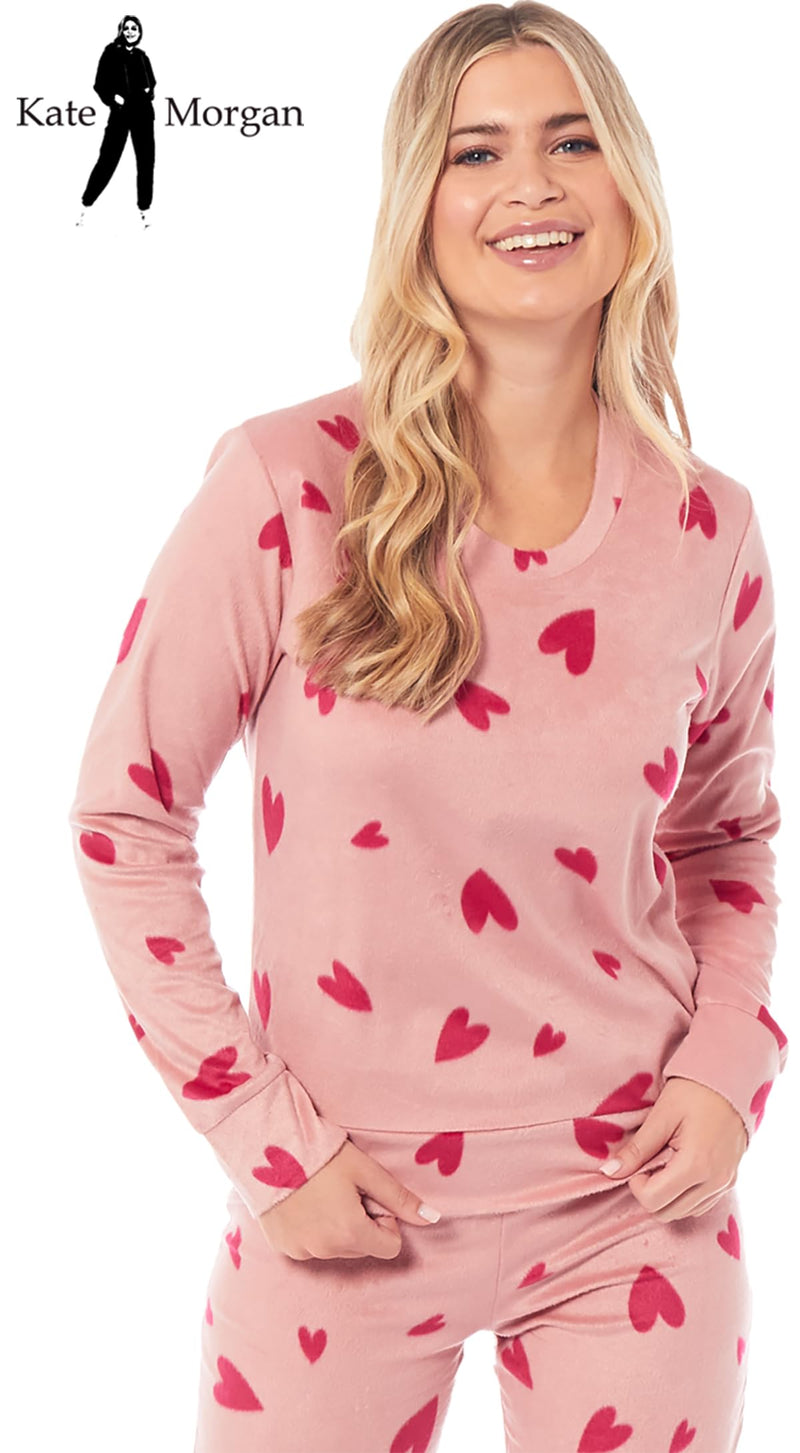 KATE MORGAN Womens Pyjamas Warm Fleece Pyjamas for Women Sets Pjs S-XL | Soft Twosie Pyjama Set for Ladies Gifts for Her PINK HEART S - Gift Guide