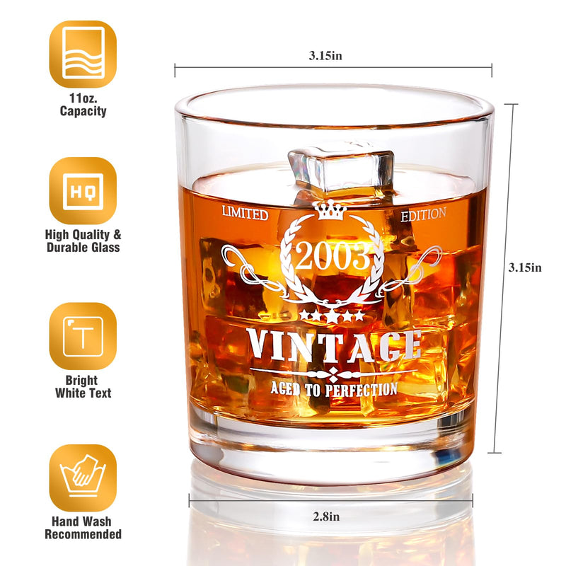 Tecanne 21st Birthday Gifts for Men, Vintage 2003 Whiskey Glass Set - 21 Years Anniversary, Bday Gifts Ideas for son, Husband, BoyFriend, Friends - Wood Box & Whiskey Stones & Coaster