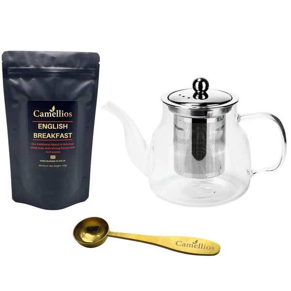 Loose Leaf Tea Set, Gift Set with Heat Resistant Teapot, Tea Measuring Spoon, 100g Loose Leaf Tea, Camellios (English Breakfast) - Gift Guide