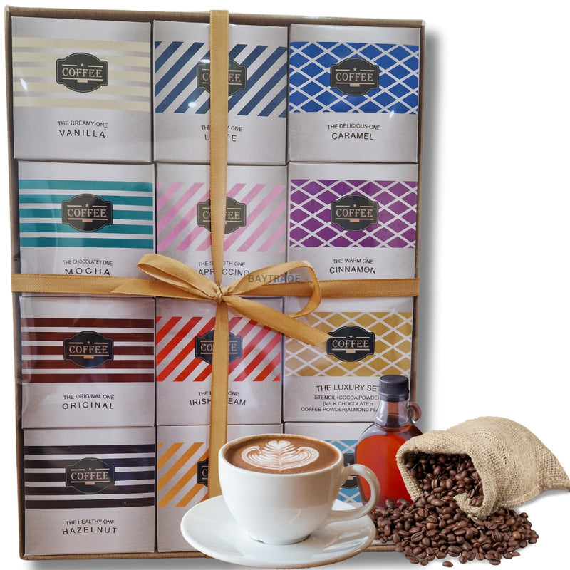 Coffee Gifts |12x Instant Flavoured Coffee Hamper |1x Pumpkin Spice Coffee Syrup 1x Stencil | Christmas Gifts for Men Women Ideas Couples | Drink Gift for Coffee Lovers | Xmas Presents Selection Box - Gift Guide