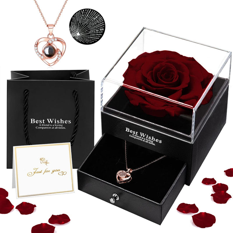 Preserved Real Rose in Box with I Love You Necklace Handmade Eternal Flower Valentine Gifts for Her Girlfriend Wife Mother Women on Wedding Anniversary Birthday Valentine's Day Mother's Day Christmas