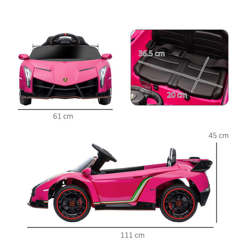 HOMCOM Lamborghini Veneno Licensed 12V Kids Electric Ride On Car with Butterfly Doors, Powered Electric Car with Remote, Music, Horn, Suspension for Ages 3-6 Years - Pink