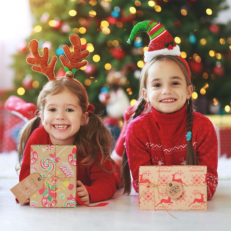 Niviy Christmas Wrapping Paper Sheets 70x50cm Printed with Santa Claus, Christmas Tree and Elk, Recyclable Xmas Wrap Paper for Wrapping Gift with Hang Tag, Double-Sided Ribbon and Twine Pack of 6 - Gift Guide