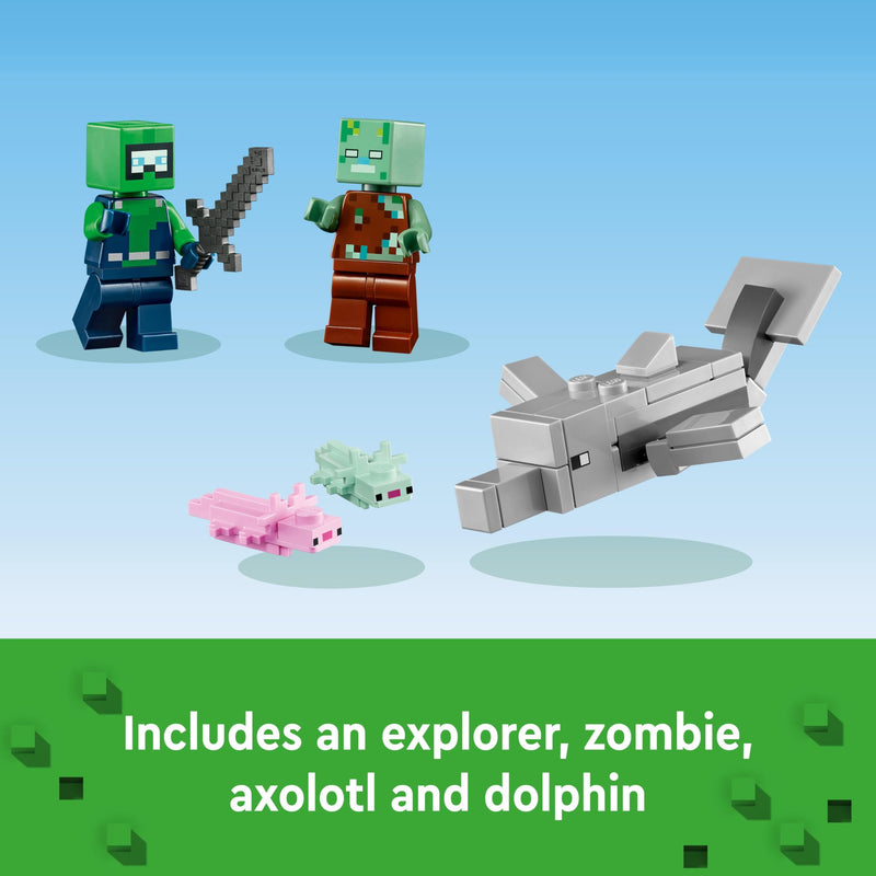 LEGO Minecraft The Axolotl House Set, Buildable Underwater Base with Diver Explorer, Zombie plus Dolphin and Puffer Fish Figures, Adventure Toys for Kids, Girls, Boys Aged 7 Plus 21247