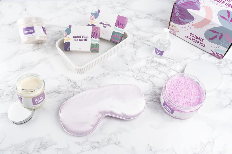 Pamper Gift Set for Women, Lavender Relaxation Care Package - 7pc Bath Set with Bath Salts, Soap and Body Scrub. Great Spa Hamper for Mothers Day, New Mum, Birthday or Best Friend